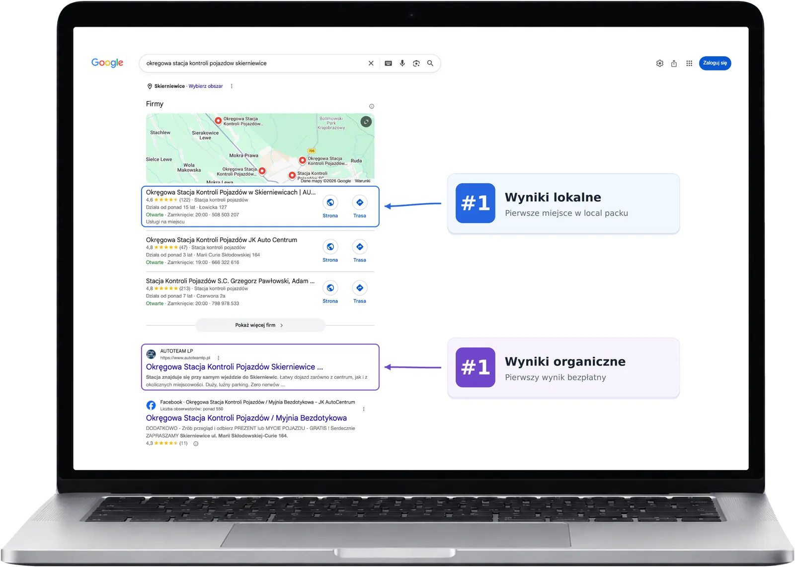 Wyniki Google dla frazy okręgowa stacja kontroli pojazdów Skierniewice: AUTOTEAM LP na 1. miejscu w local packu i w wynikach organicznych