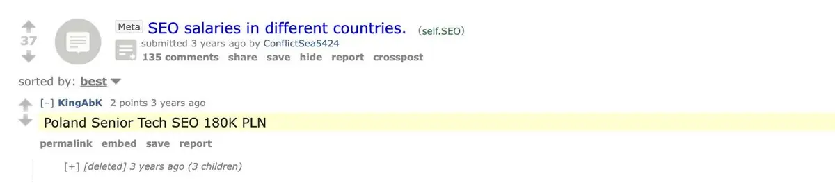 Ile zarabia specjalista SEO w Polsce: komentarz na Reddicie w wątku o zarobkach SEO w różnych krajach, w którym Senior Tech SEO z Polski podaje 180 tysięcy złotych rocznie
