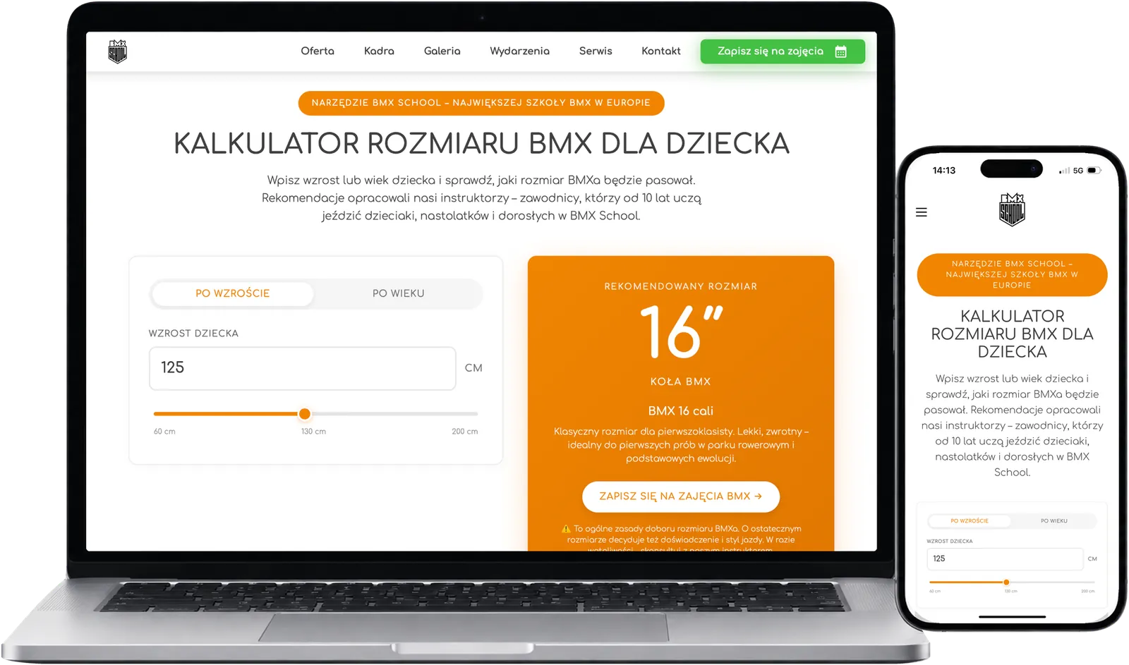 Kalkulator rozmiaru BMX dla dziecka BMX School na ekranie laptopa i telefonu