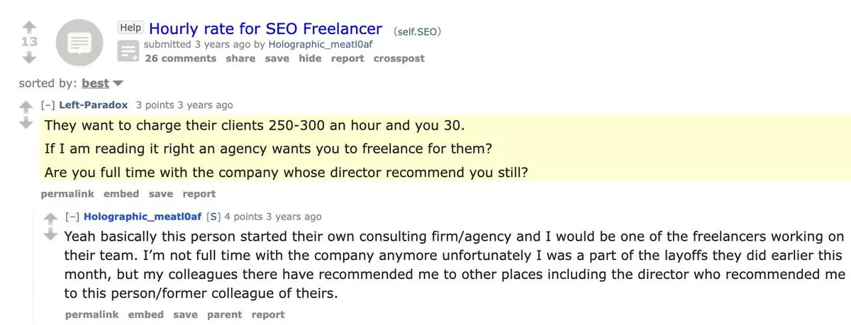 SEO zarobki a marża agencji: komentarz z Reddita w wątku o stawkach godzinowych freelancera SEO, mówiący że agencja bierze od klienta 250-300 dolarów za godzinę, a wykonawcy płaci 30 dolarów