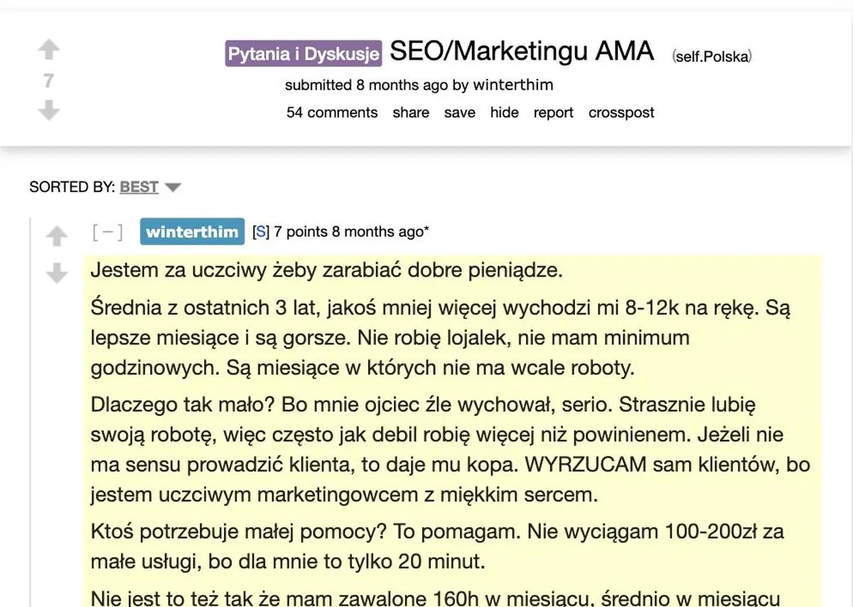 Zarobki freelancera SEO w Polsce: komentarz z AMA na r/Polska, w którym specjalista SEO podaje 8-12 tysięcy złotych na rękę miesięcznie jako wynik z trzech lat