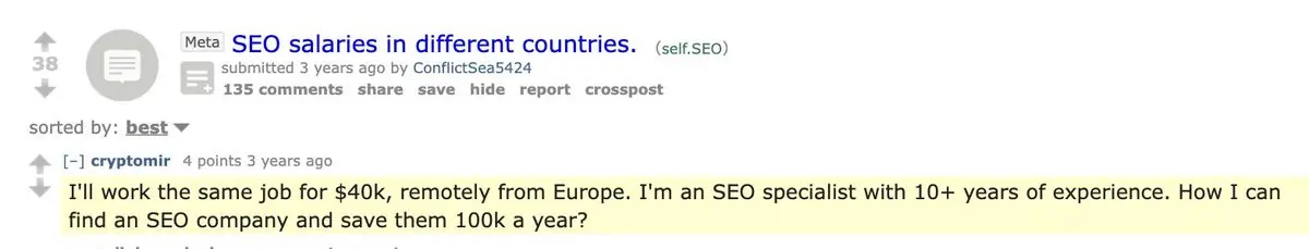 Zarobki specjalisty SEO przy pracy zdalnej dla zagranicy: komentarz z Reddita, w którym specjalista SEO z ponad dziesięcioletnim doświadczeniem oferuje wykonanie tej samej pracy za 40 tysięcy dolarów zdalnie z Europy