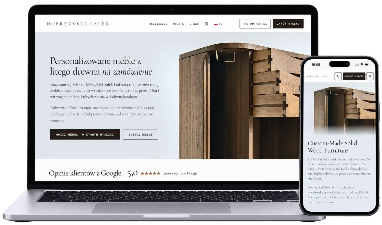 Dobrzyński-Sałek solid wood custom furniture website on a laptop and phone screen